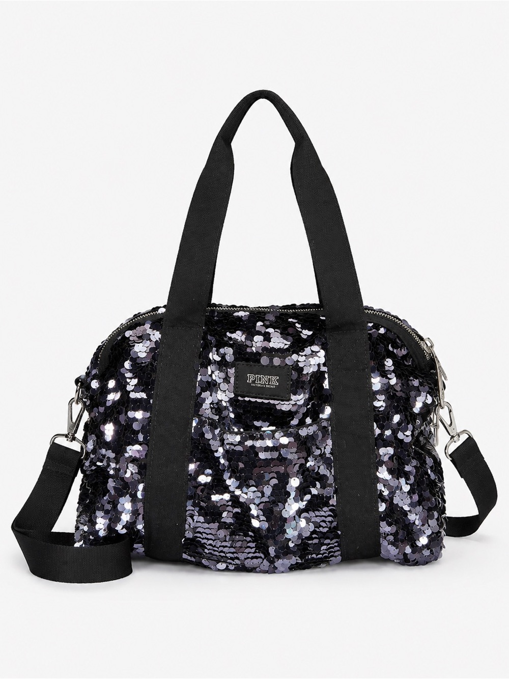 PINK Victoria’s Secret Black Silver Sequin Weekender Duffel Bag Travel Gym Tote